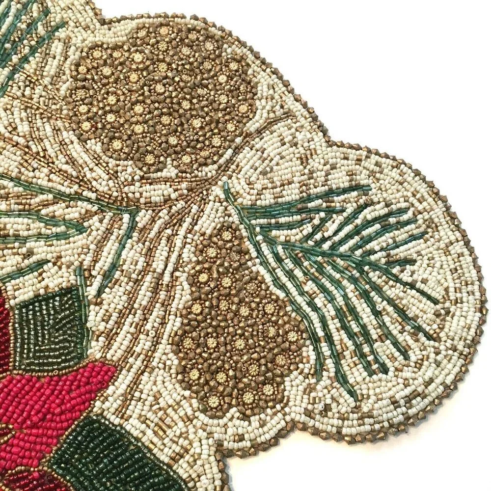 Cynthia Rowley Christmas Beaded Pinecone Poinsettia Table Runner Centerpiece